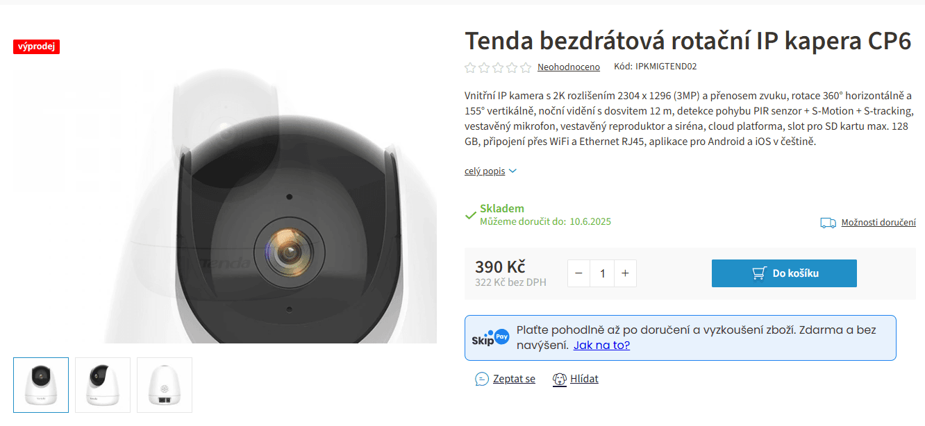 IP kamera Tenda CP6, rotace, zvuk, Wifi